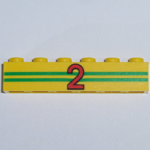 Brick 1 × 6 with 2 Green Stripes and Red '2' Print Yellow