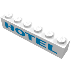 Brick 1 × 6 with 'HOTEL' Thick Blue Print Weiß