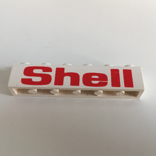 Brick 1 × 6 with 'Shell' Bold Red Print Weiß