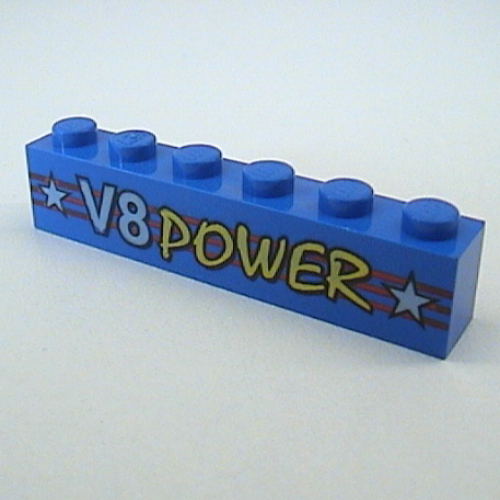 Brick 1 × 6 with Red Stripes and 'V8 POWER' logo Print Blue