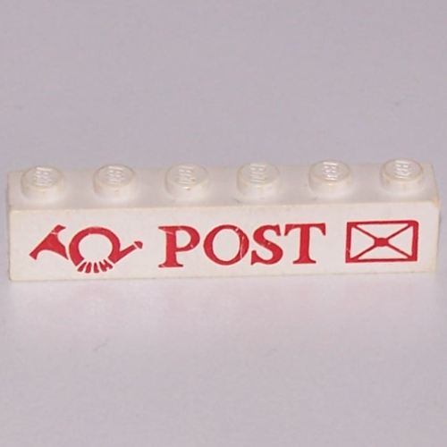 Stein 1 × 6 mit 'POST', Horn und Umschlag (bedruckt) in Weiß