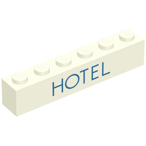 Brick 1 × 6 with 'HOTEL' Thin Blue Print White