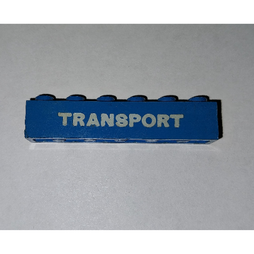 Brick 1 × 6 with 'TRANSPORT' Small Thick White Print Blau