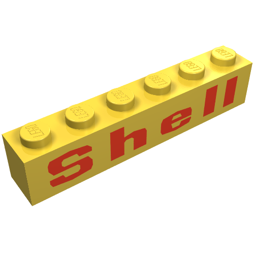 Brick 1 × 6 with 'Shell' Squared 'e', Red Print in Yellow