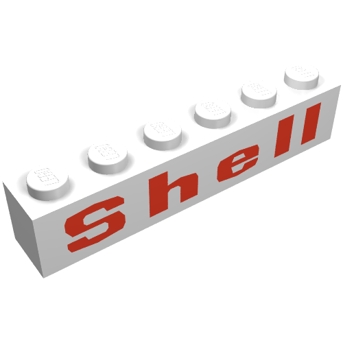 Brick 1 × 6 with 'Shell' Squared 'e', Red Print Weiß