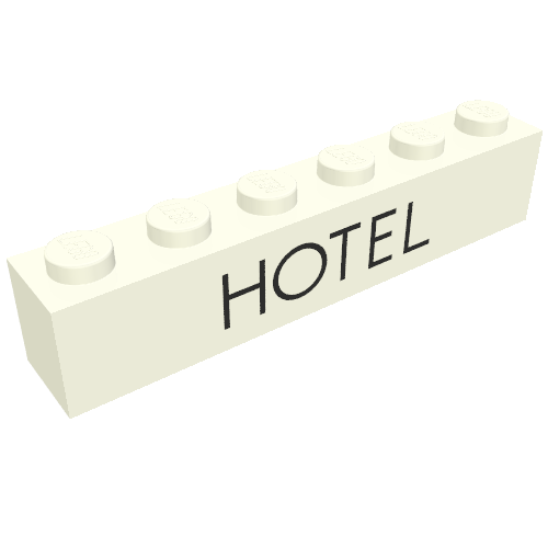 Brick 1 × 6 with 'HOTEL' Black print Weiß