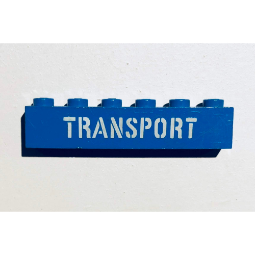 Brick 1 × 6 with 'TRANSPORT' Stencil White print Blue