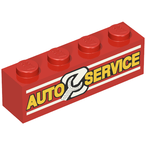 Brick 1 × 4 with 'AUTO SERVICE' and Wrench Print in Rot
