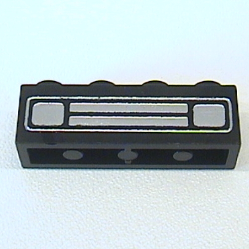 Brick 1 × 4 with Bottom Tubes, Lowered Center Cross Support with Chrome Silver Car Grill Print [Embossed] Black