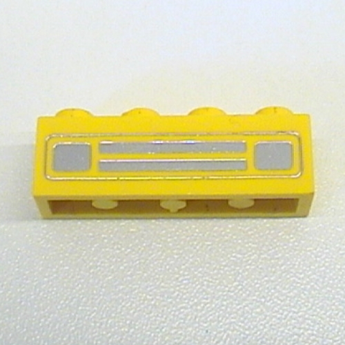 Brick 1 × 4 with Bottom Tubes, Lowered Center Cross Support with Chrome Silver Car Grill Print [Embossed] Gelb