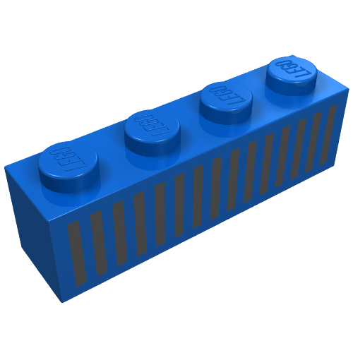 Brick 1 × 4 with Bottom Tubes, Lowered Center Cross Support with Black 15 Bars Grill Print Blue