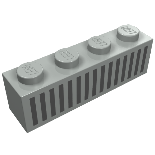Brick 1 × 4 with Bottom Tubes, Lowered Center Cross Support with Black 15 Bars Grill Print Hellgrau