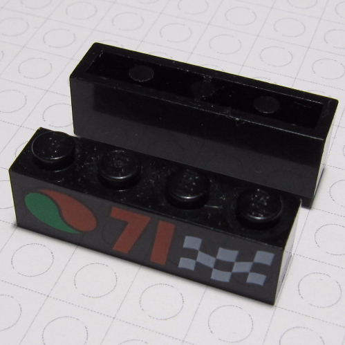 Brick 1 × 4 with Bottom Tubes, Lowered Center Cross Support with '71', Chequered Flag, and Octan Logo Print Black