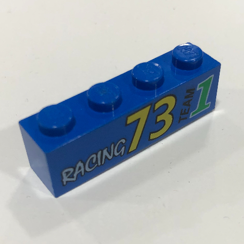 Brick 1 × 4 with Bottom Tubes, Lowered Center Cross Support with 'RACING 73 TEAM 1' Print Blau
