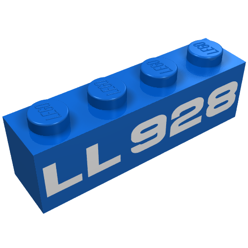 Brick 1 × 4 with Bottom Tubes, Lowered Center Cross Support with White 'LL928' Print Blau