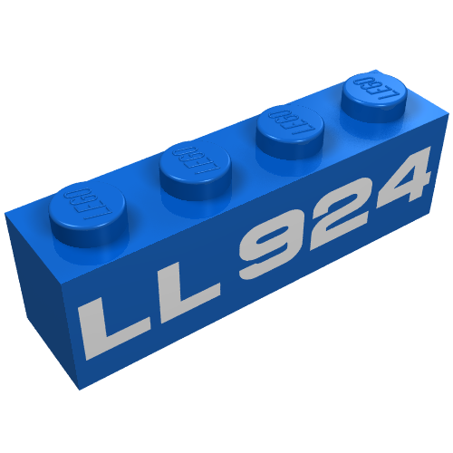 Brick 1 × 4 with Bottom Tubes, Lowered Center Cross Support with White 'LL924' Print Blue
