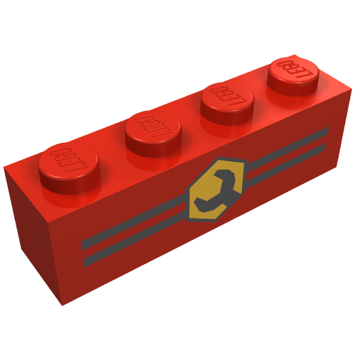Brick 1 × 4 with Bottom Tubes, Lowered Center Cross Support with Stripes and Wrench Print Red