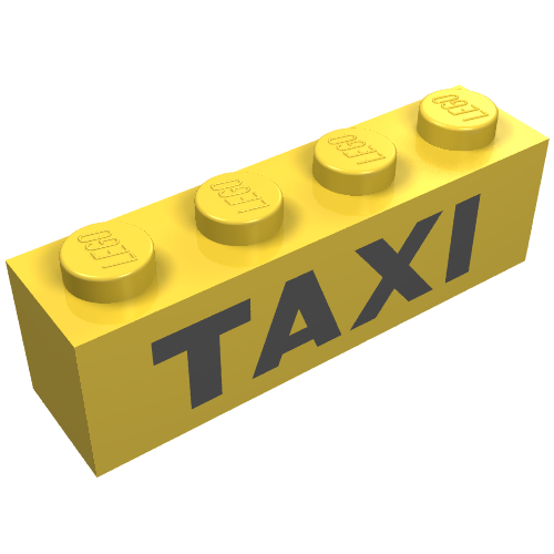 Brick 1 × 4 with Bottom Tubes, Lowered Center Cross Support with Black 'TAXI' Print Yellow