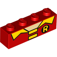 Brick 1 × 4 with Yellow Collar and R Print [Robin] Red