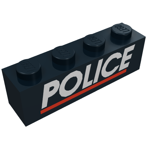 Brick 1 × 4 with White 'POLICE' and Red Line Print Schwarz