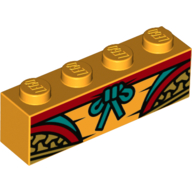 Brick 1 × 4 with Gold/Red Decorations, Dark Turquoise Bow Leuchtendes Hellorange