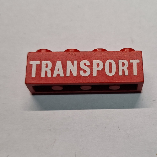Brick 1 × 4 with White 'TRANSPORT' Solid Print Rot