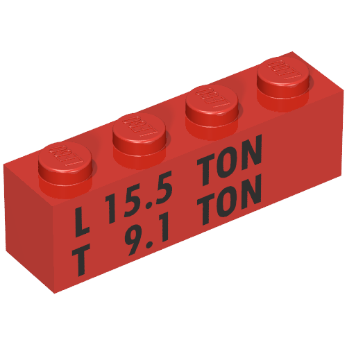 Brick 1 × 4 with Black 'L 15.5 TON' and 'T 9.1 TON' Print Rot