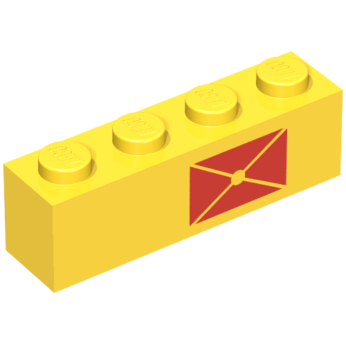 Brick 1 × 4 with Red Envelope Print, Right Side Gelb