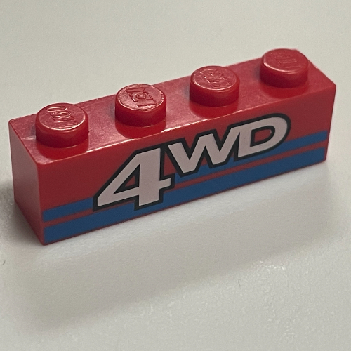 Brick 1 × 4 with '4WD' and Blue Stripes Print Rot