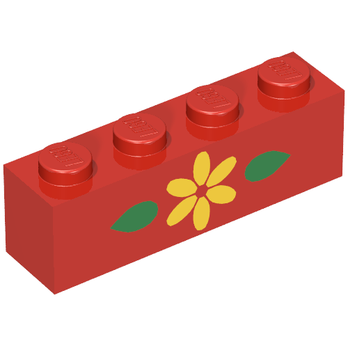 Brick 1 × 4 with Yellow Flower and 2 Green Leaves Print Red