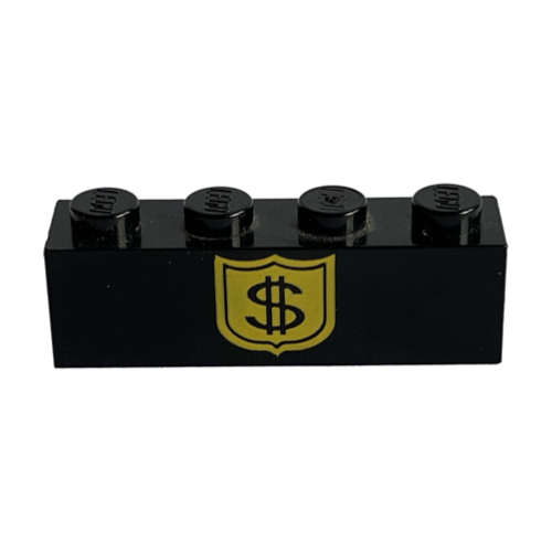 Brick 1 × 4 with Black Dollar Sign on Yellow Badge Print Schwarz