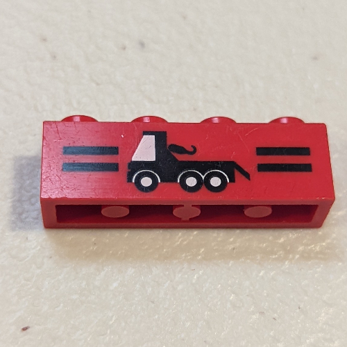 Brick 1 × 4 with Black Stripes and Tow Truck Print Red