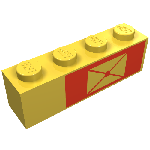 Brick 1 × 4 with Envelope on Red Background, Right Print Gelb
