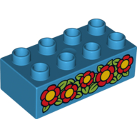 Duplo Brick 2 × 4 with Red Flowers Print Dark Azure