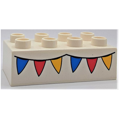 Duplo Brick 2 × 4 with Blue, Red and Yellow Pennants Print Weiß