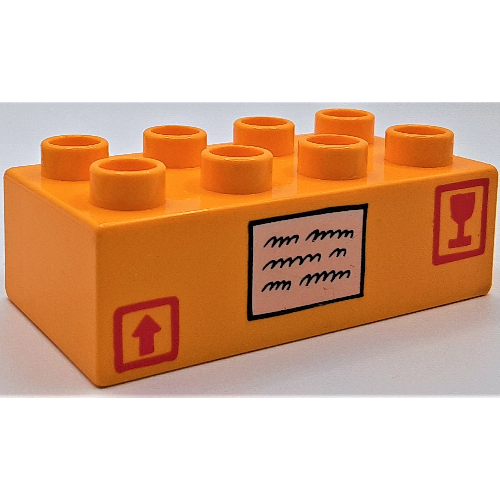 Duplo Brick 2 × 4 with Address Label, Arrow and Glass Print Bright Light Orange
