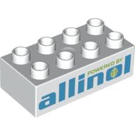 Duplo Brick 2 × 4, with 'POWERED BY allinol' Print White