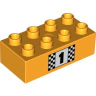 Duplo Brick 2 × 4, with Number 1 and Black and White Checkered Print Bright Light Orange