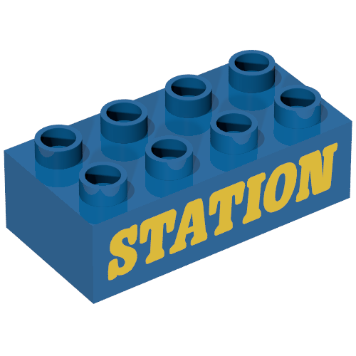 Duplo Brick 2 × 4 with 'STATION' Text Print Blue
