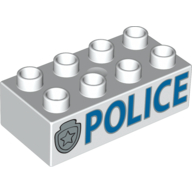 Duplo Brick 2 × 4 with 'POLICE' and Star Badge Silver Print White