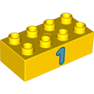 Duplo Stein 2 × 4 mit dunkelazur '1' Druck Gelb