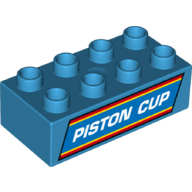 Duplo Brick 2 × 4 with White 'PISTON CUP' Print Dark Azure