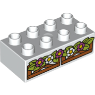 Duplo Brick 2 × 4 with Flower, Leaves, Wooden Fence print Weiß