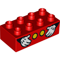 Duplo Brick 2 × 4 with Two Yellow Spots and Two Hands with White Gloves Print Red