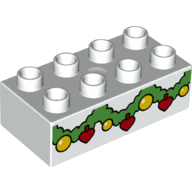 Duplo Brick 2 × 4 with Green Garland with Gold and Red Ornaments Print Weiß