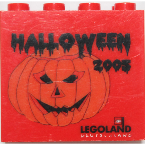 Brick 2 × 4 × 3 with 'LEGOLAND Deutschland HALLOWEEN 2005', Pumpkin Print Red