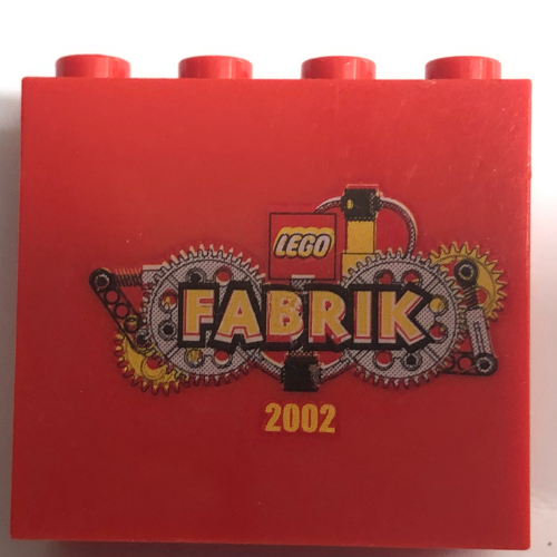 Stein 2 × 4 × 3 mit 'LEGO FABRIK 2002' Druck Rot