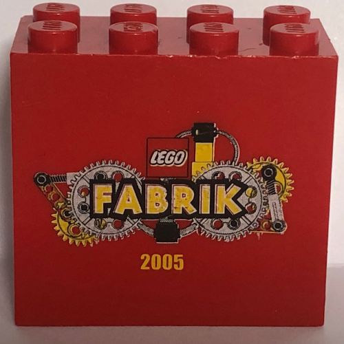 Stein 2 × 4 × 3 mit 'LEGO FABRIK 2005' Druck Rot