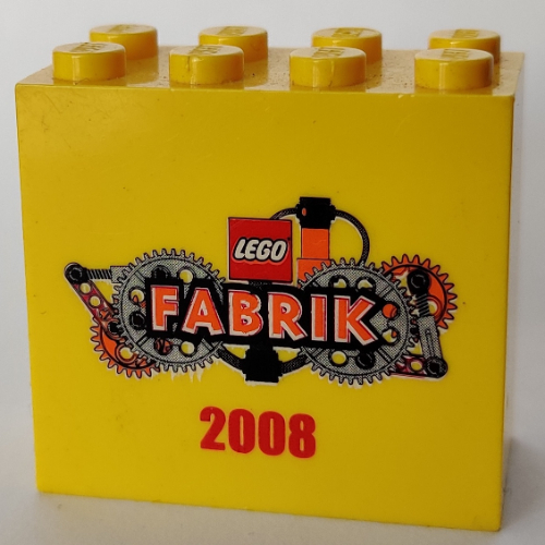 Brick 2 × 4 × 3 with 'LEGO Fabrik 2008' with Orange Text Print Gelb