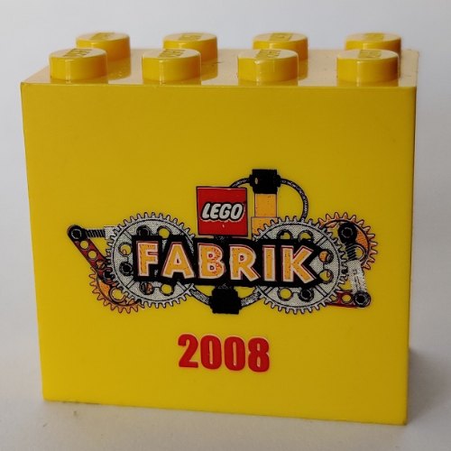 Brick 2 × 4 × 3 with 'LEGO Fabrik 2008' with Yellow Text Print Yellow